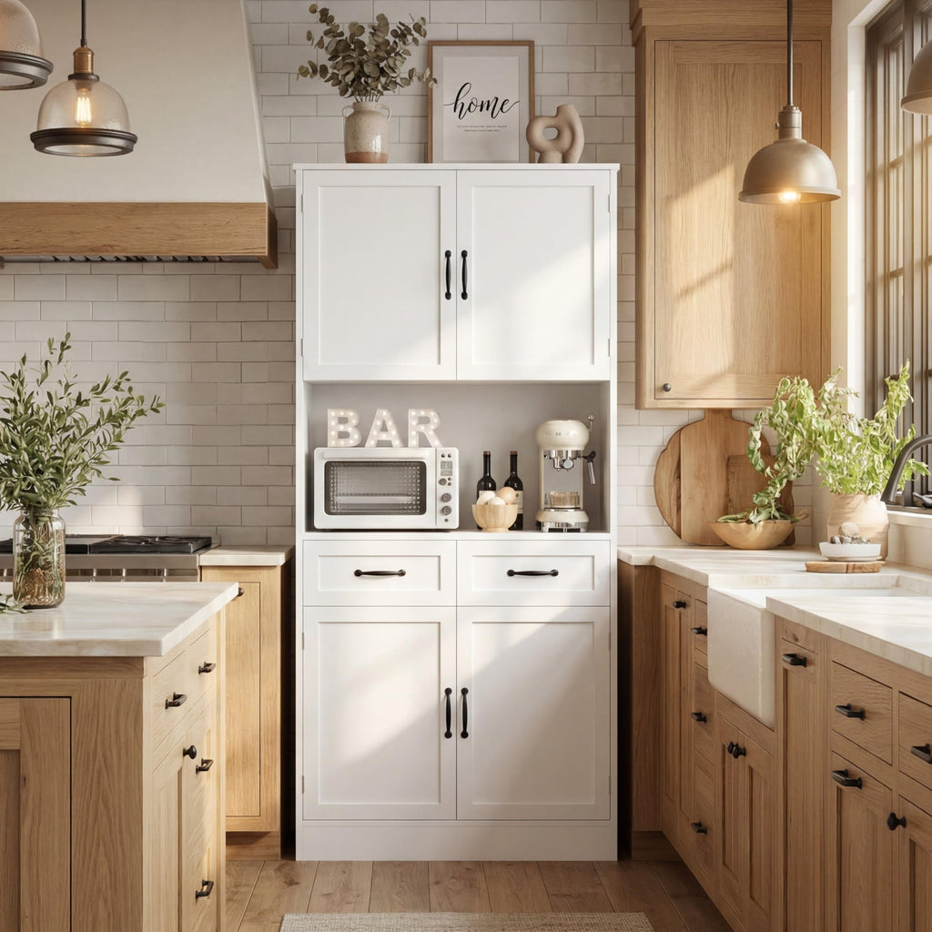 White Tall Wood Kitchen Pantry Storage Cabinet I96982