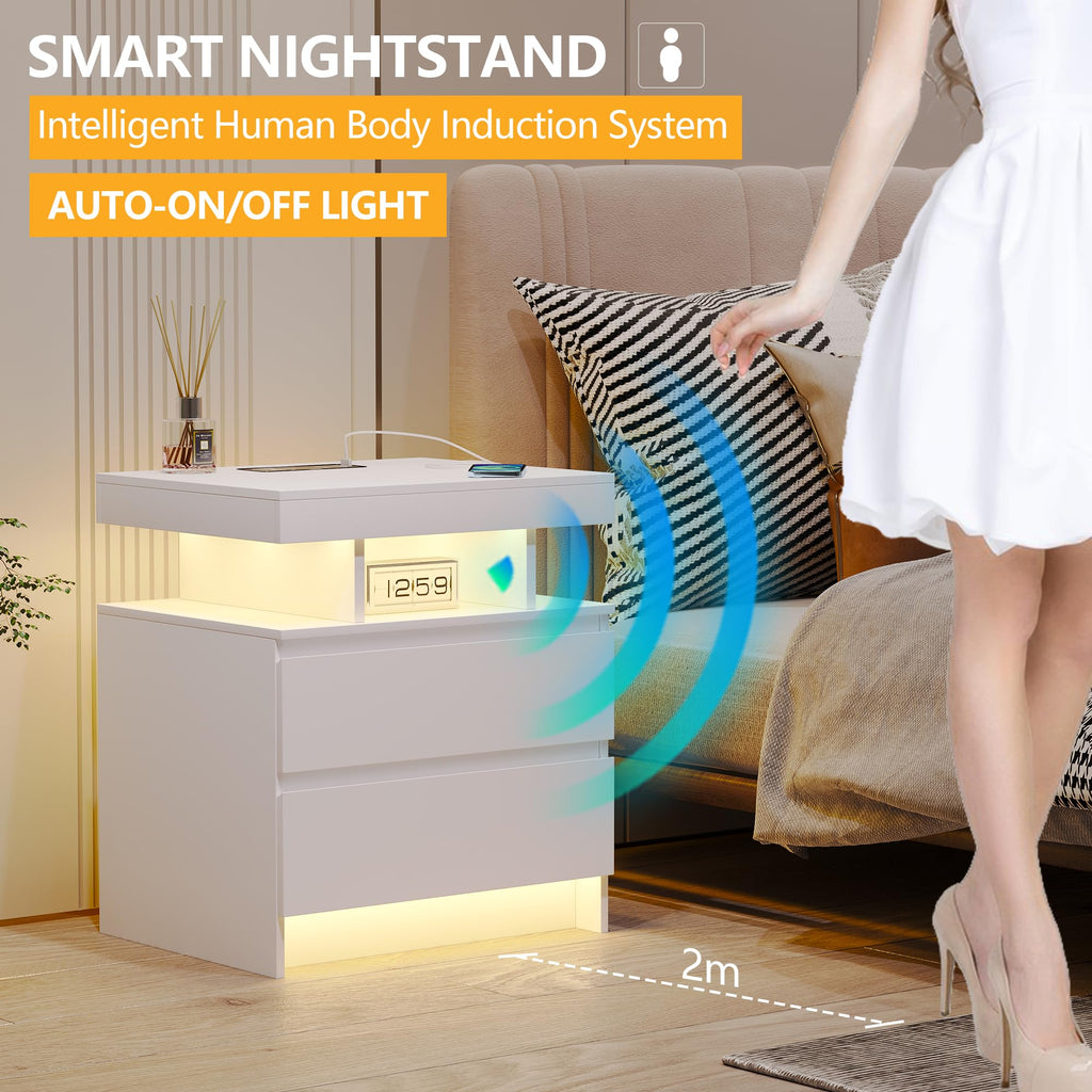 LED Nightstand with Charging Station White E21392