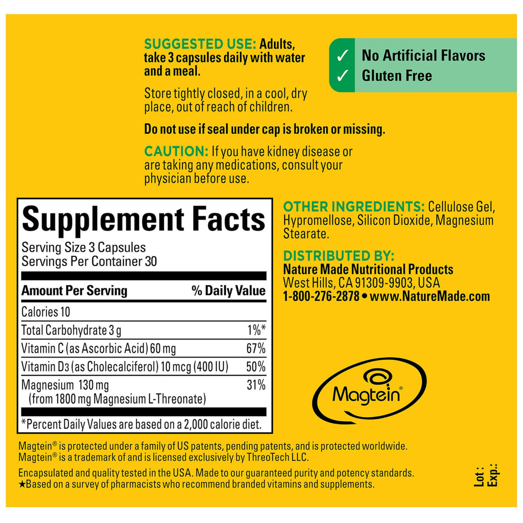 Magnesium L-Threonate with Vitamin C & Vitamin D3, 90 Capsules F69486