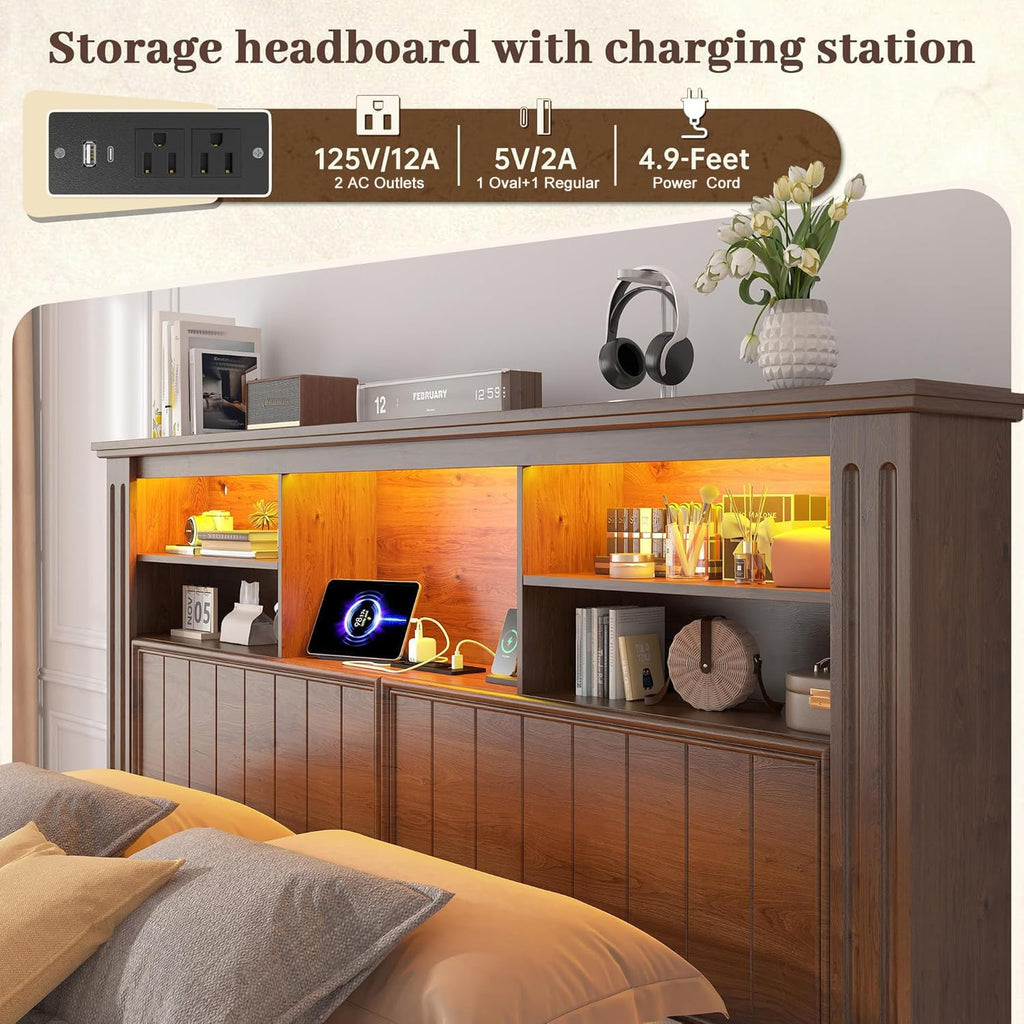 King Bed Frame with 4 Storage Drawers and Headboard Shelf, Brown C94323