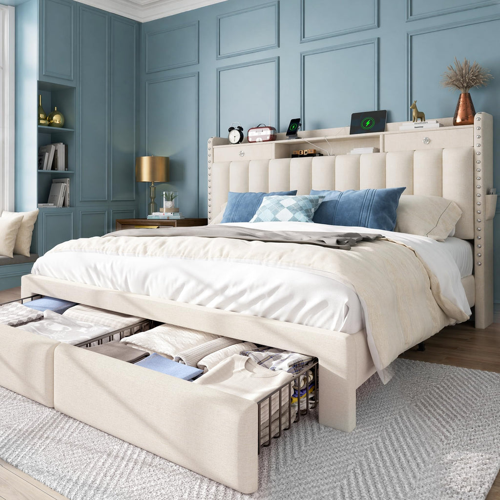 Queen Bed Frame with Storage Headboard & 4 Drawers V9951