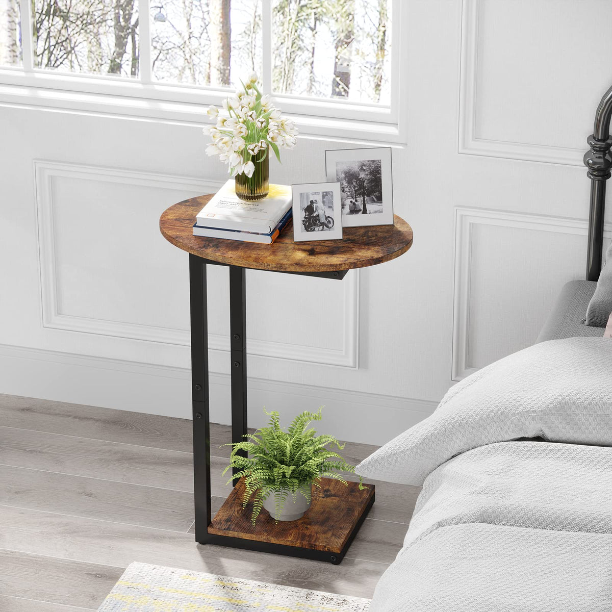 Small C-Shaped Wood Side Table Set of 2 with Metal Frame K5108