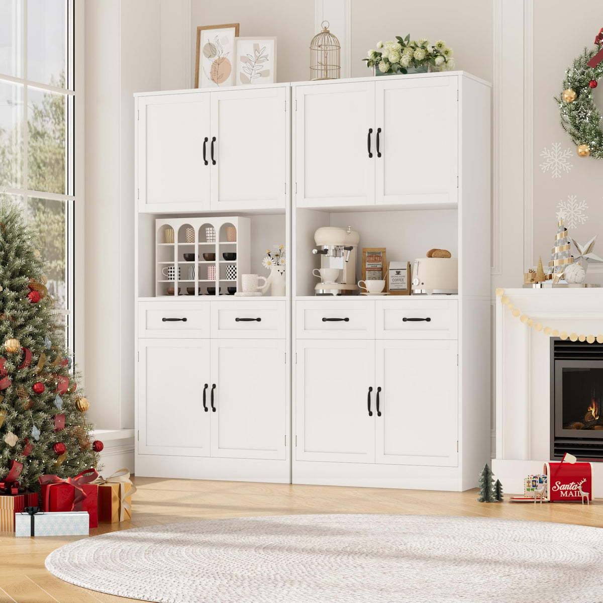 White Tall Wood Kitchen Pantry Storage Cabinet I96982