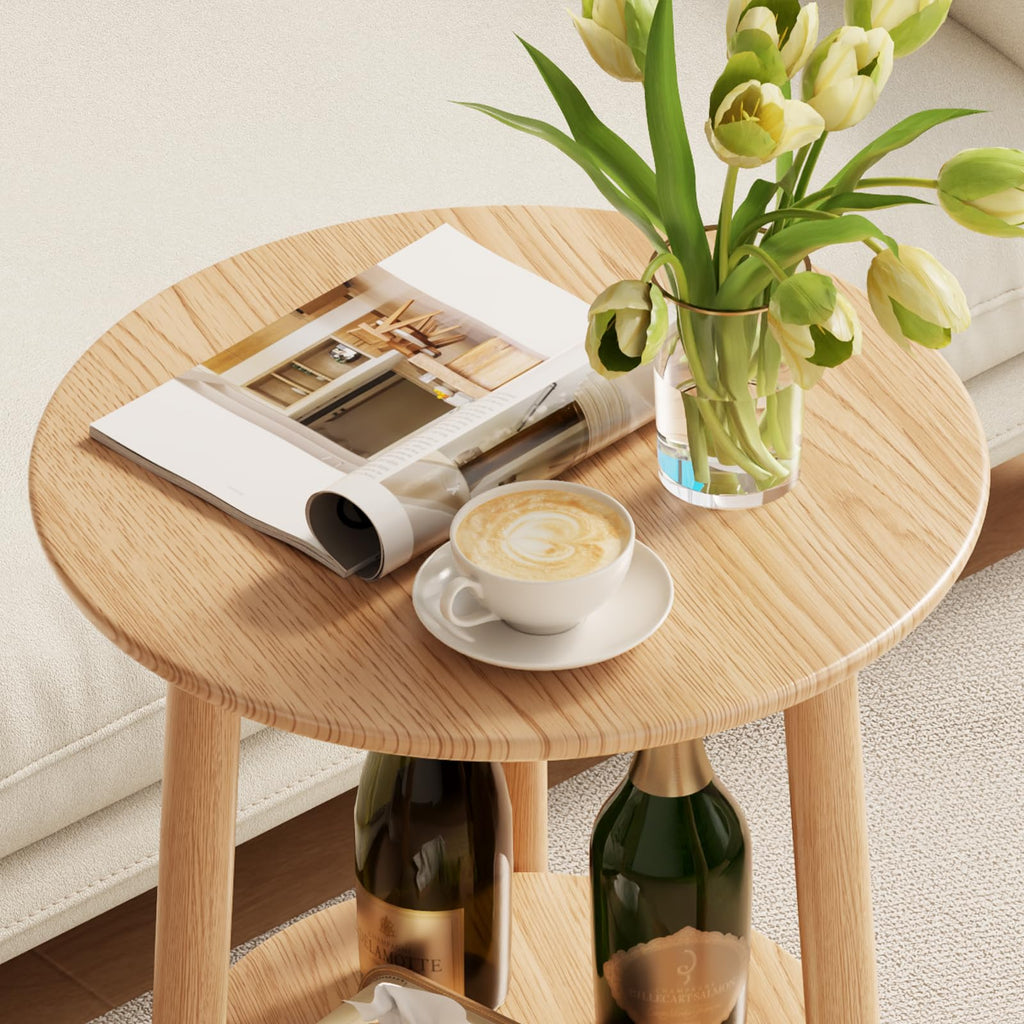 Solid Wood Round End Table with Lower Shelf Q881582