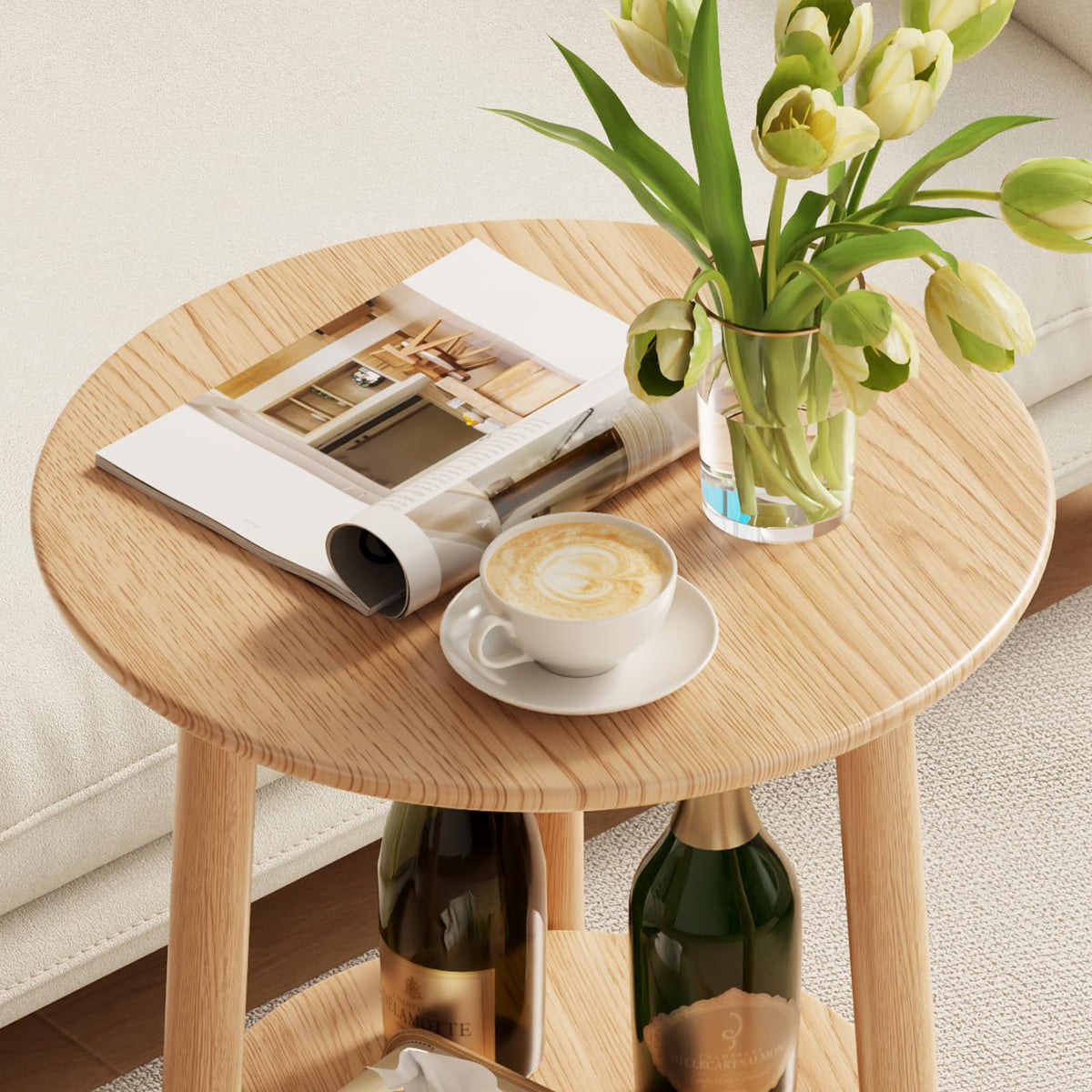 Solid Wood Round End Table with Lower Shelf Q881582