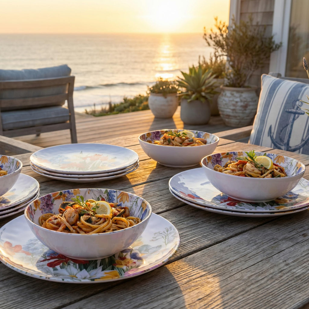 Melamine Dinnerware Set for 4, 12 Piece Plates and Bowls U824