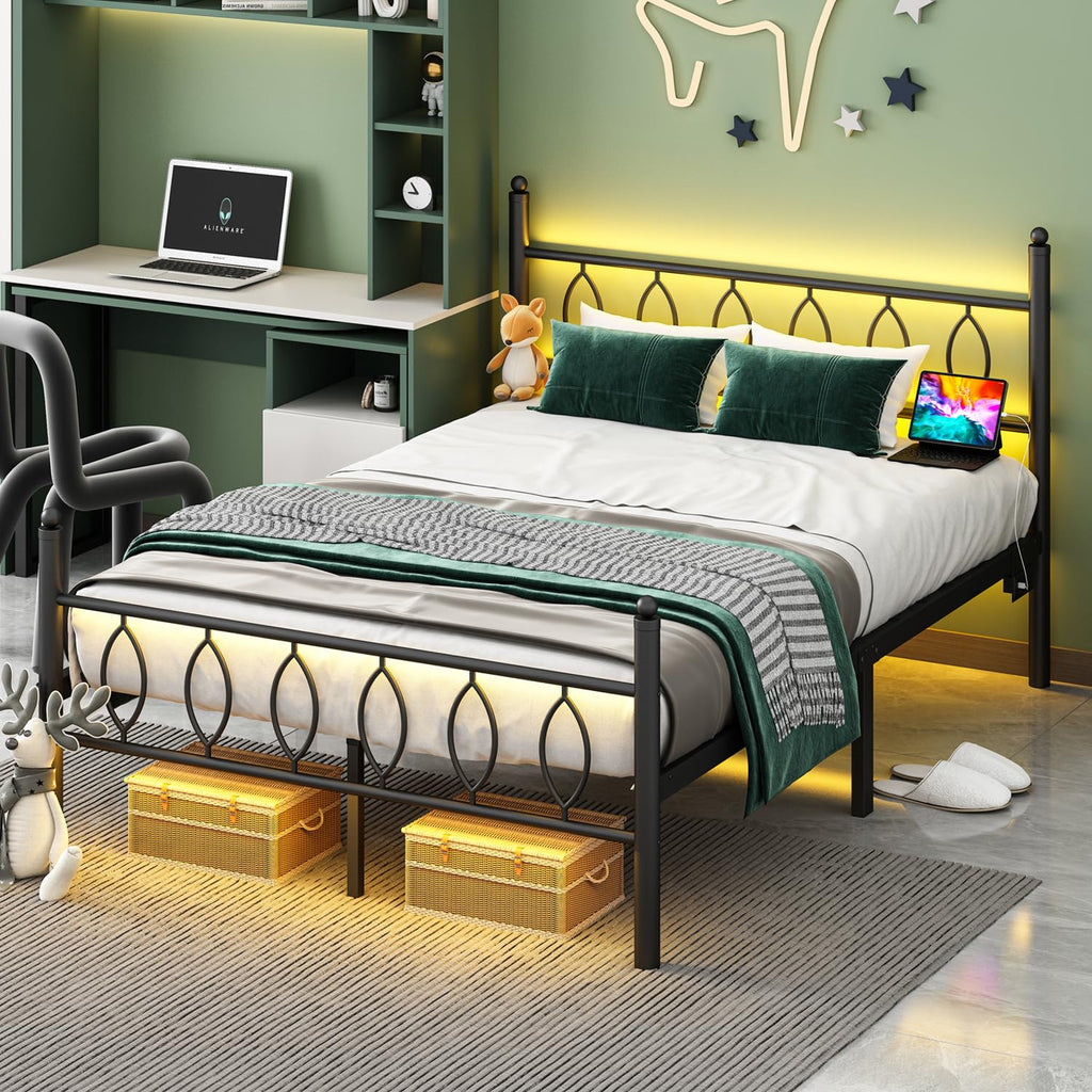 Black Metal Full Size Bed Frame with Headboard and Charging Station A95768