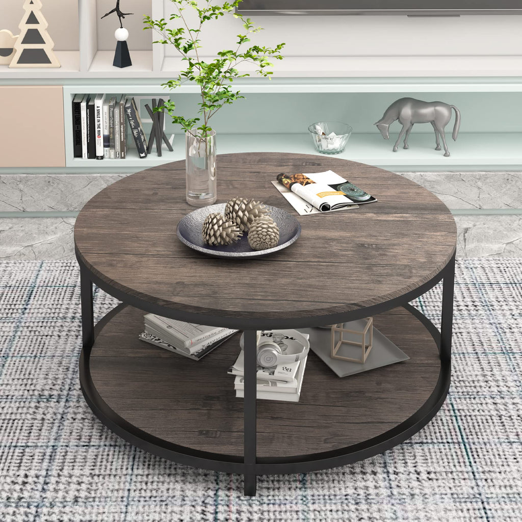 Round 2-Tier Wood Coffee Table with Storage Shelf G119