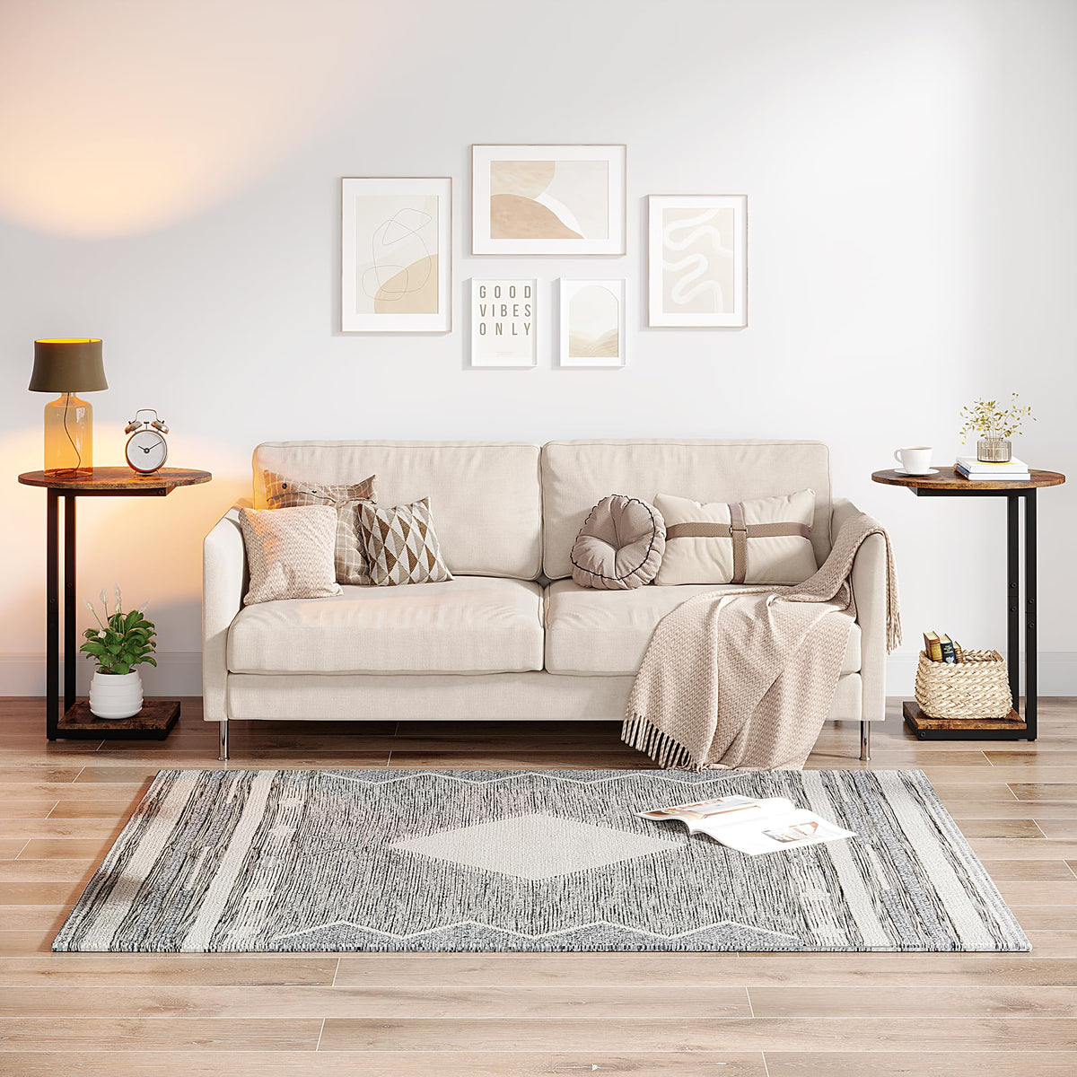 Small C-Shaped Wood Side Table Set of 2 with Metal Frame K5108