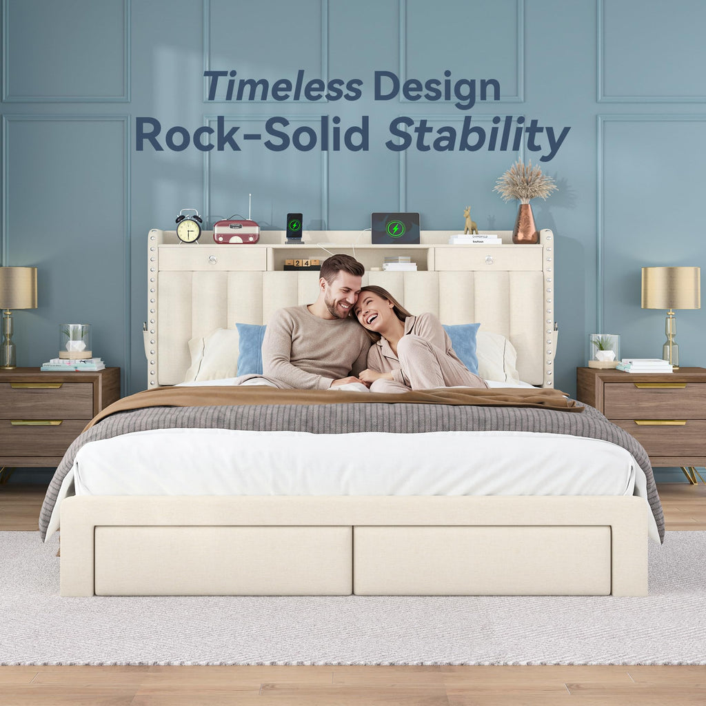 Queen Bed Frame with Storage Headboard & 4 Drawers V9951