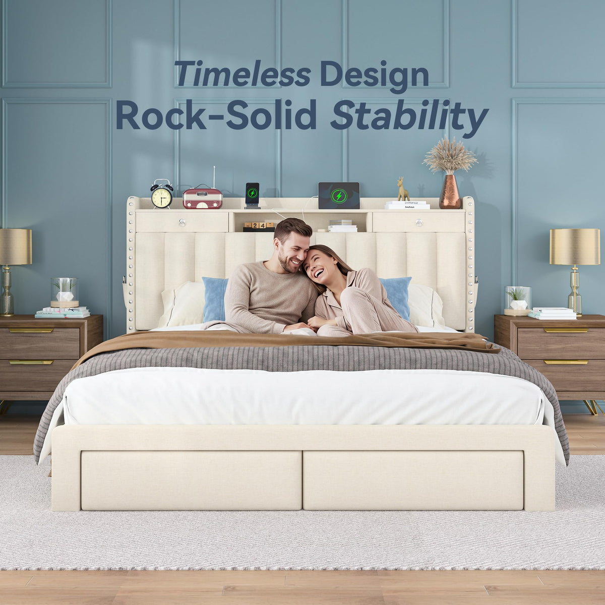 Queen Bed Frame with Storage Headboard & 4 Drawers V9951