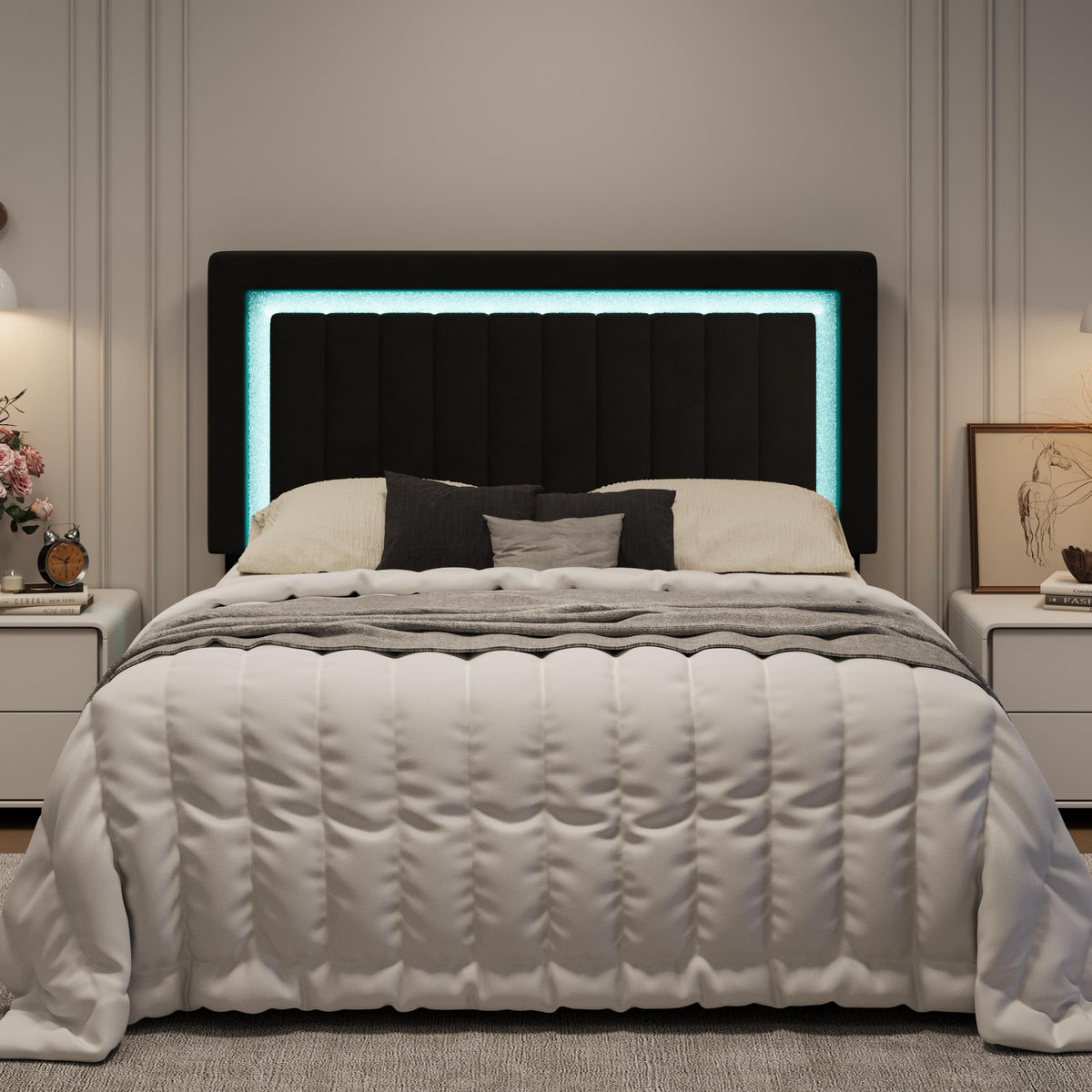 Queen Size Black Velvet Bed Frame with LED Light F66113