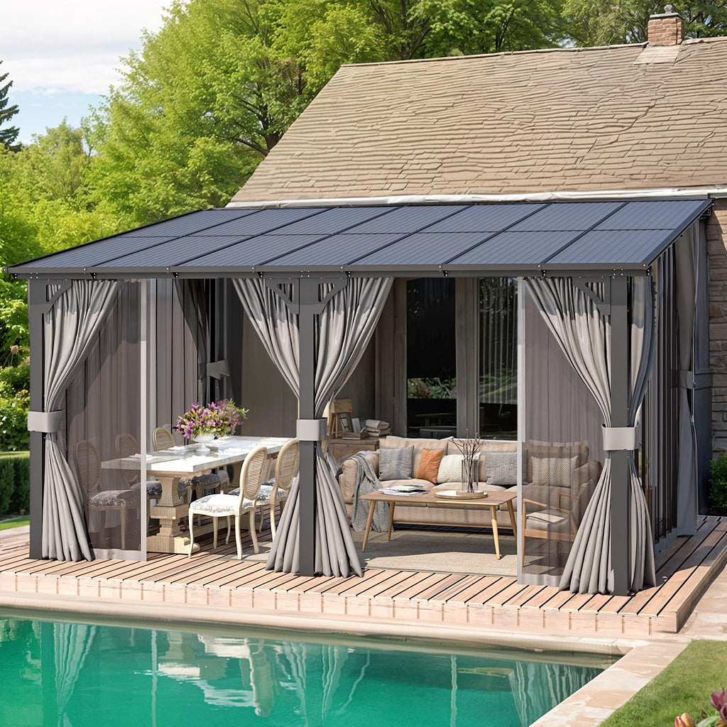 14' x 10' Hard Top Lean to Gazebo with Curtains and Mosquito Netting E58778