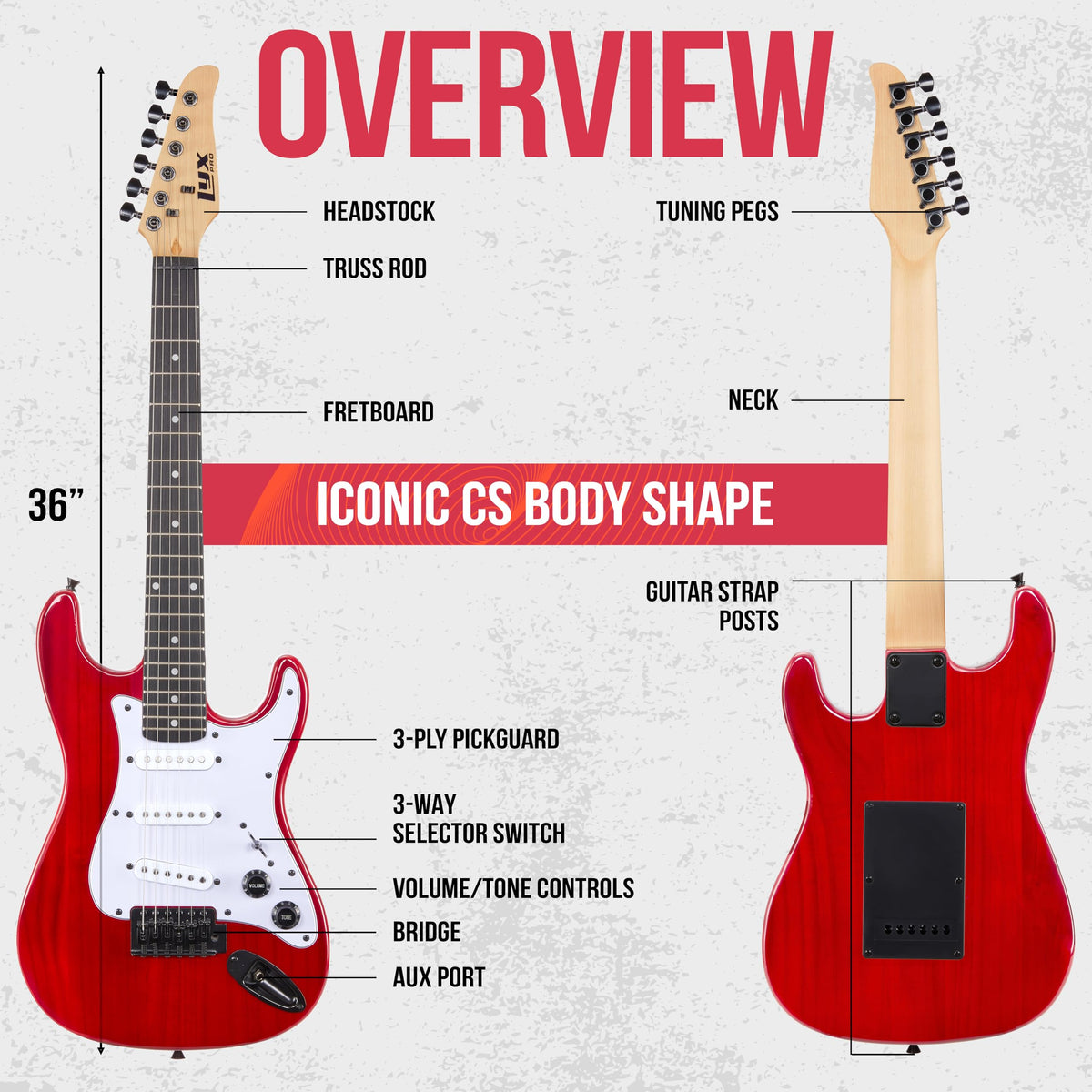 30” Electric Guitar Kit with Amp Cable, 6 Picks, Solid Wood Body, Red Y785