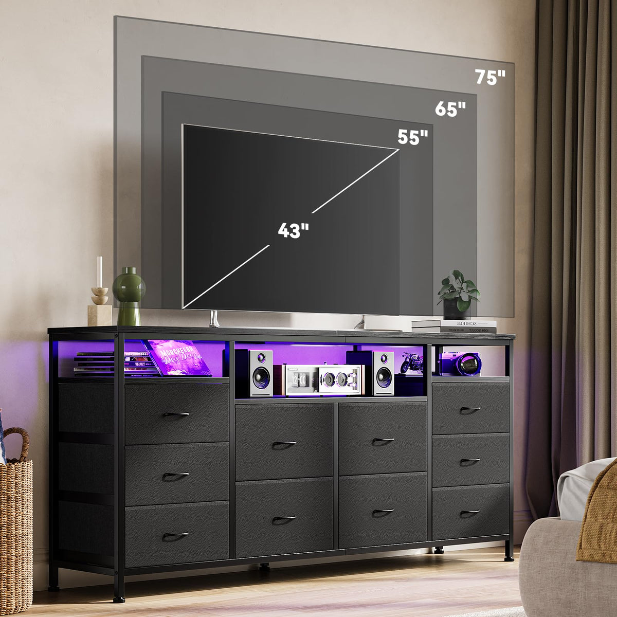 Black 10 Fabric Drawer Dresser with LED Lights & Power Outlets R9001