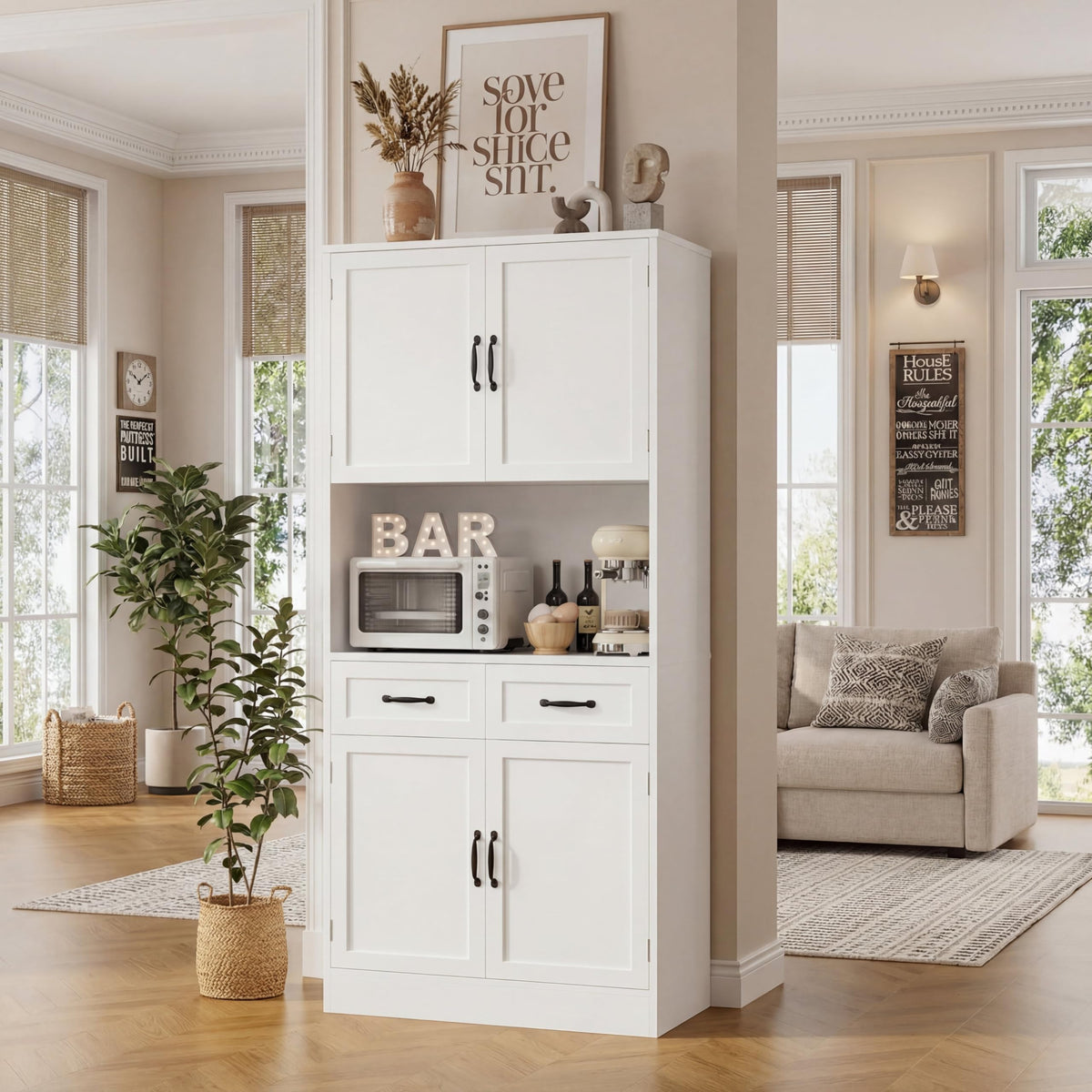 White Tall Wood Kitchen Pantry Storage Cabinet I96982