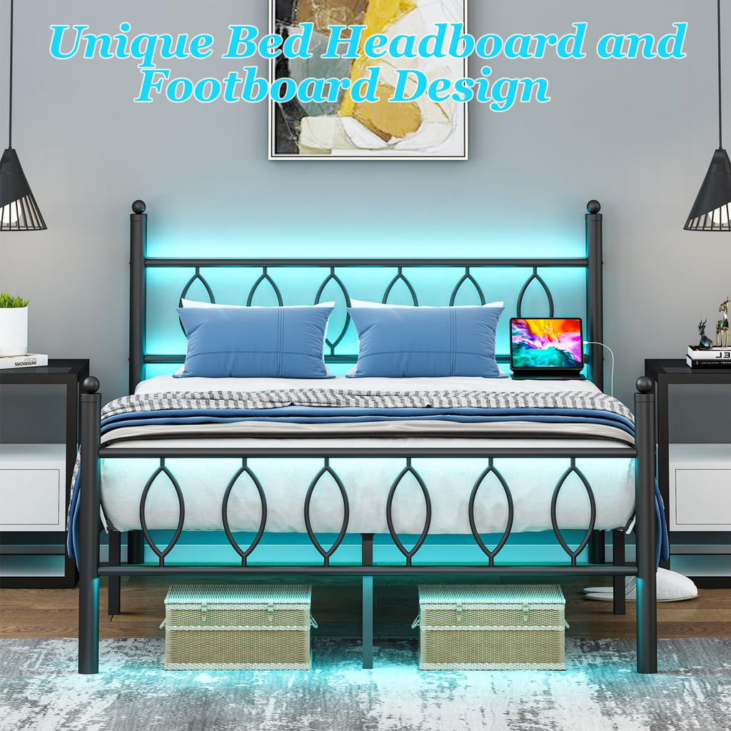 Black Metal Full Size Bed Frame with Headboard and Charging Station A95768