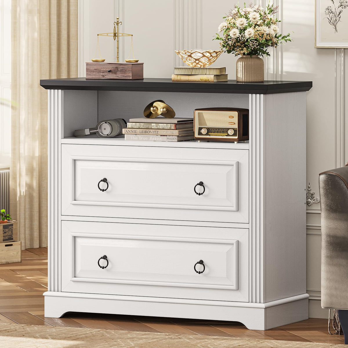 White 2 Drawer Wood File Cabinet with Storage Shelf B906108