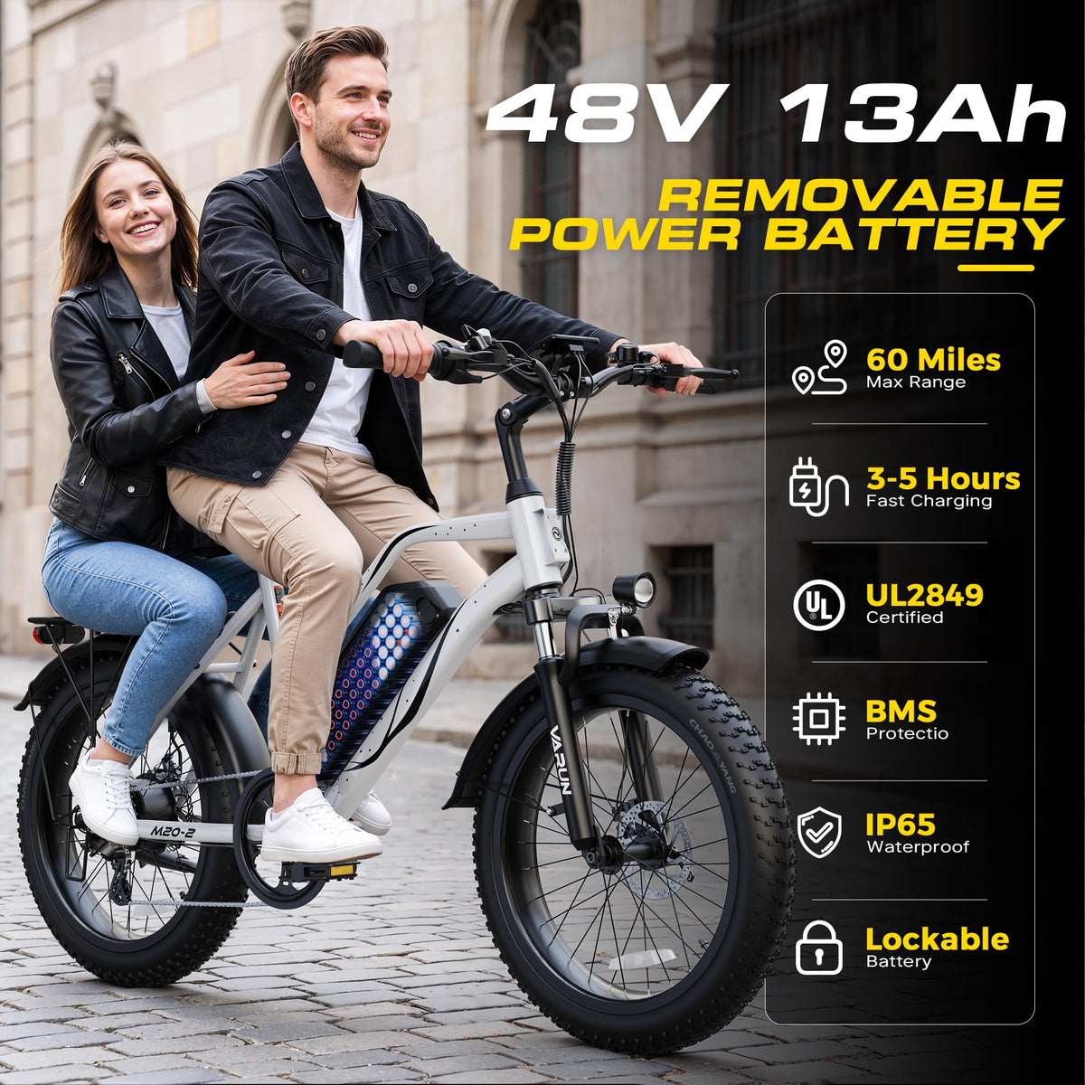 1000W Peak Motor 60+ Miles Fat Tire Electric Bike with 48V 13Ah Removable Battery V7793