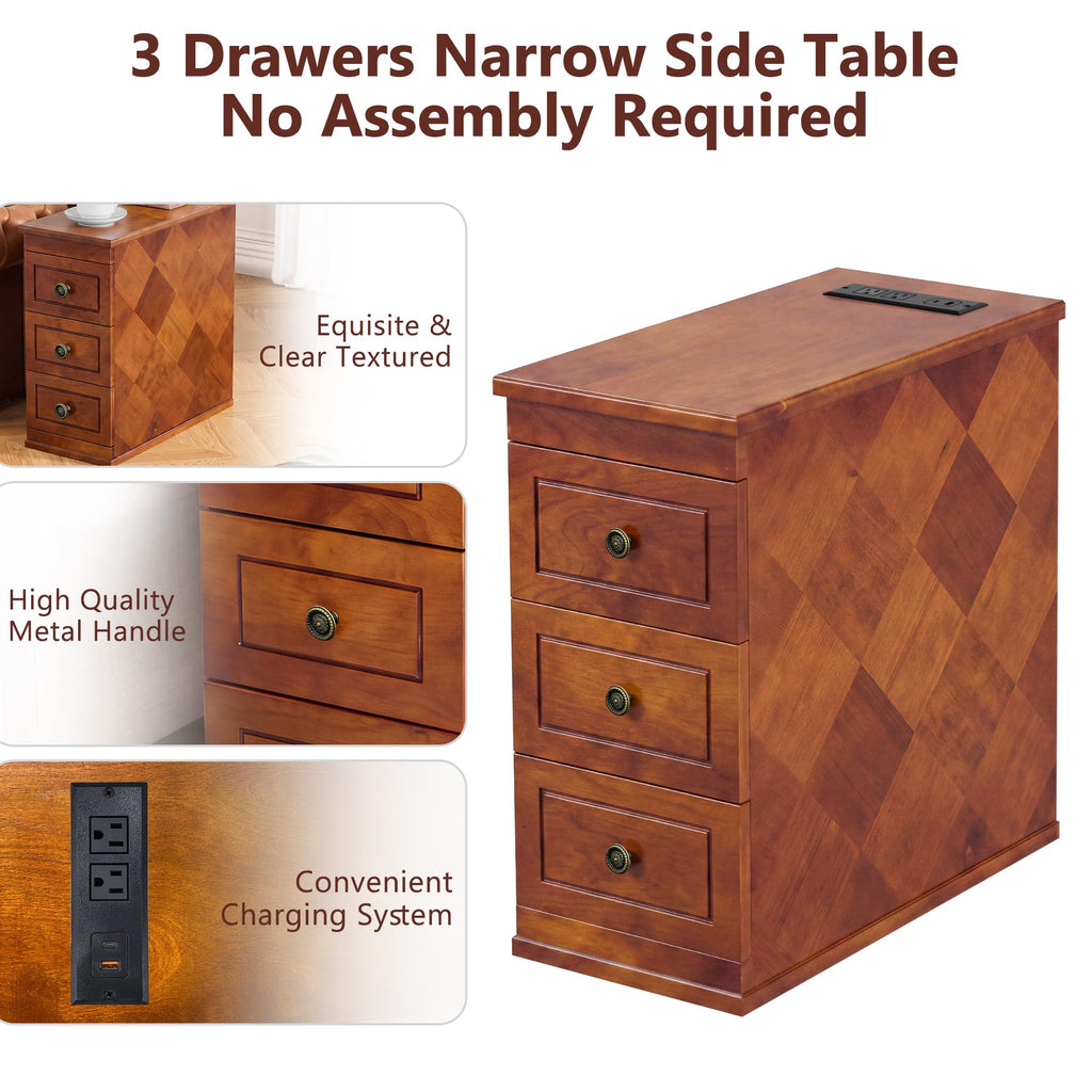 Solid Wood Narrow End Table with Charging Station Set of 2 Q719