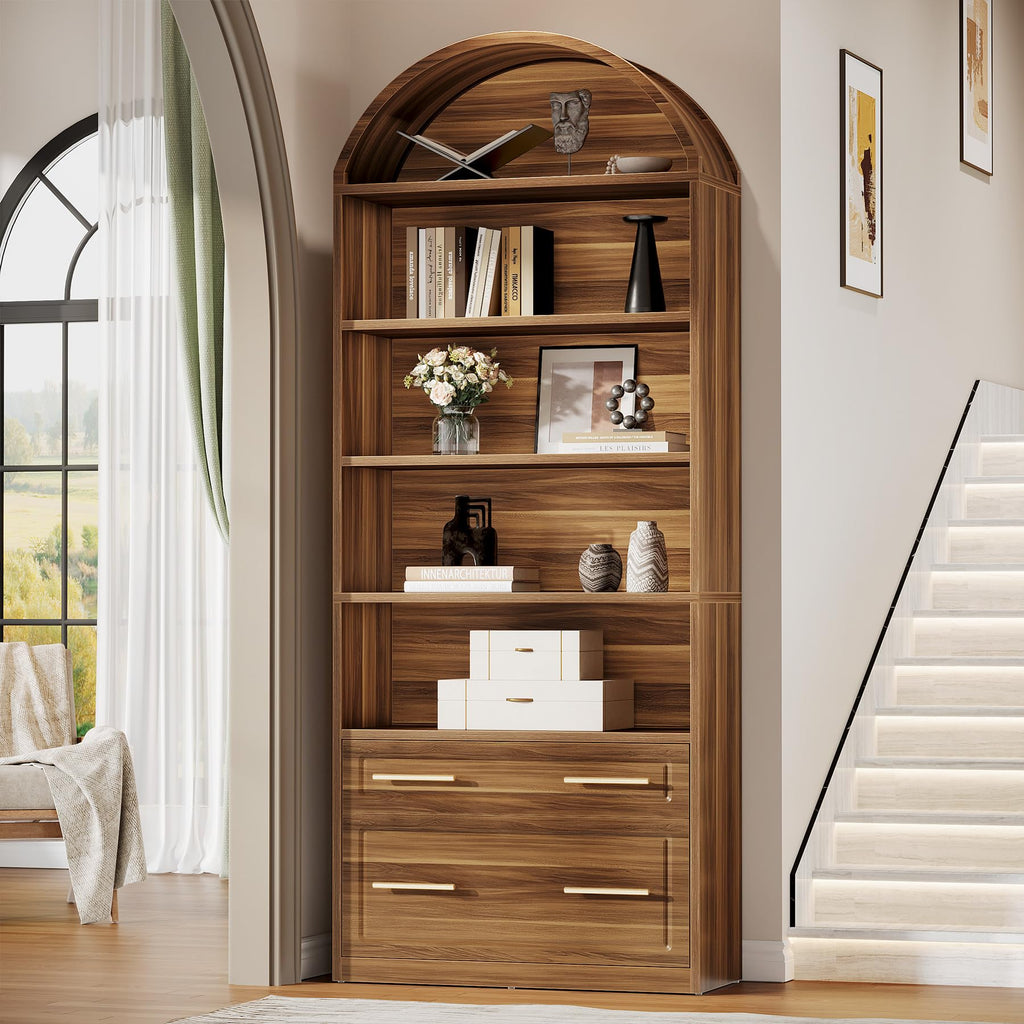 76.8" Tall Arched Bookcase with File Cabinet Drawer, Walnut Brown H307523
