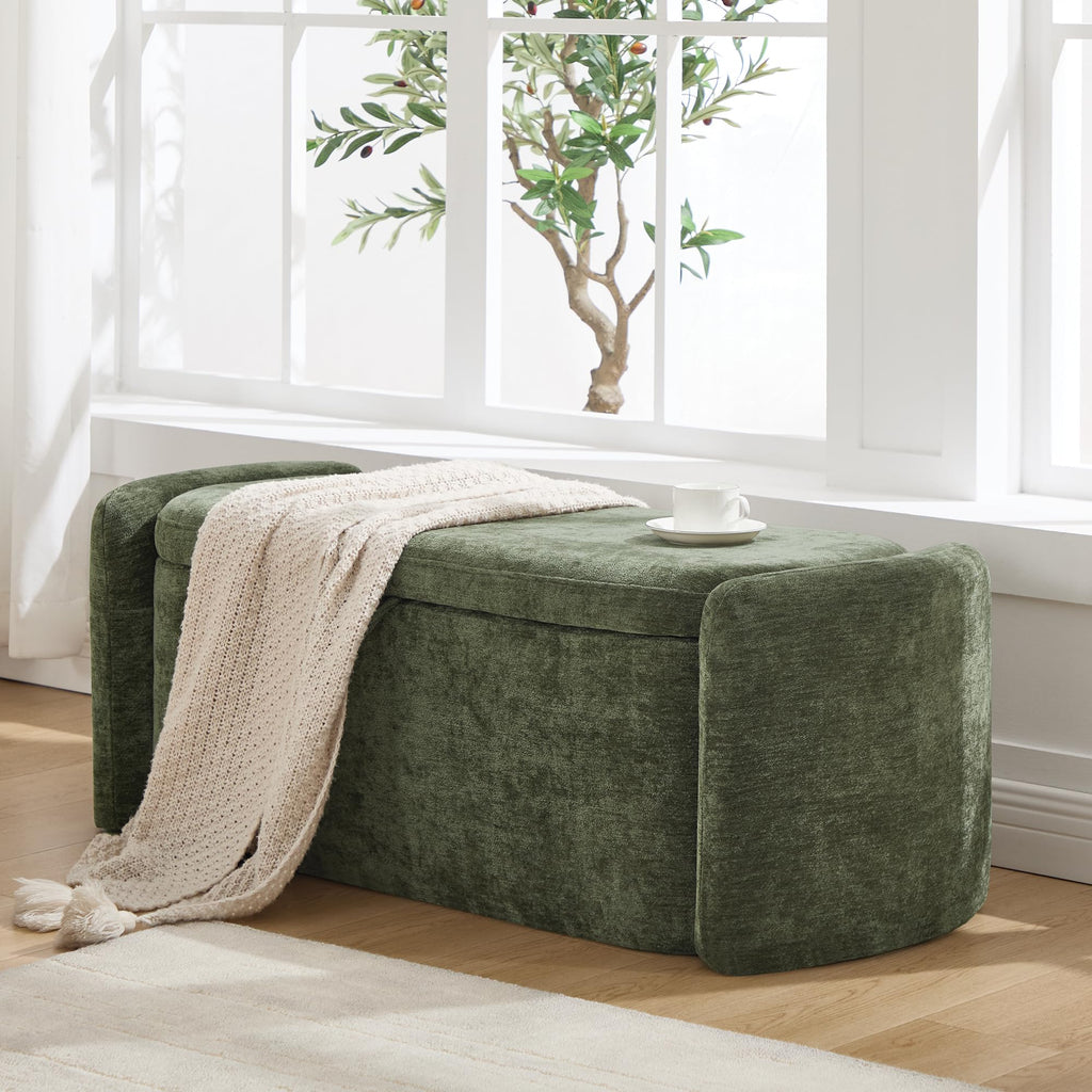 Green Chenille Upholstered Storage Ottoman Bench X569