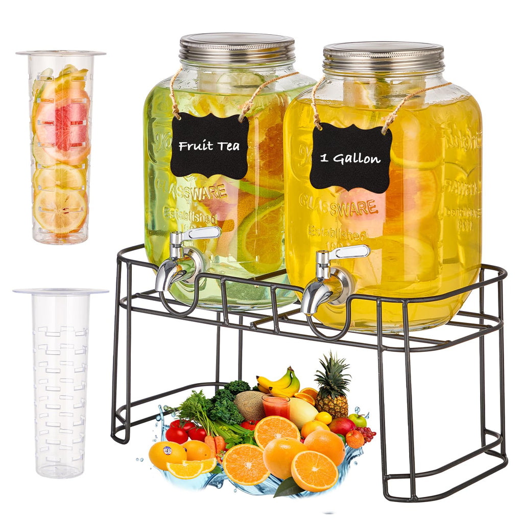 1 Gallon Glass Drink Dispenser with Stand, 2 Pack T215716