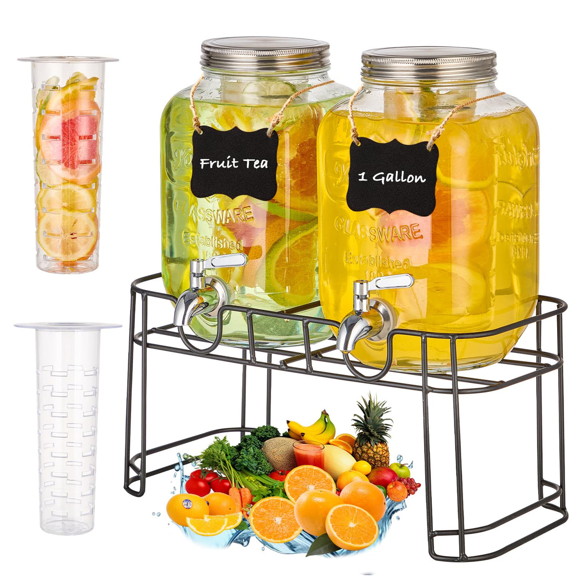 1 Gallon Glass Drink Dispenser with Stand, 2 Pack T215716