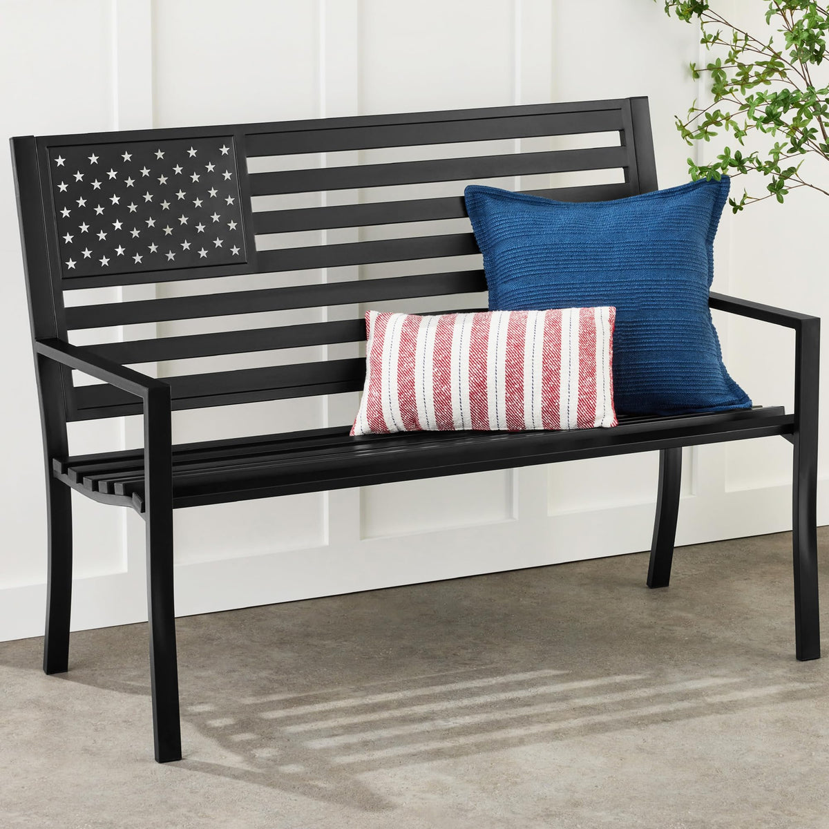 2-Person Steel Indoor/Outdoor Bench with American Flag, 790lb Capacity - Black J8872