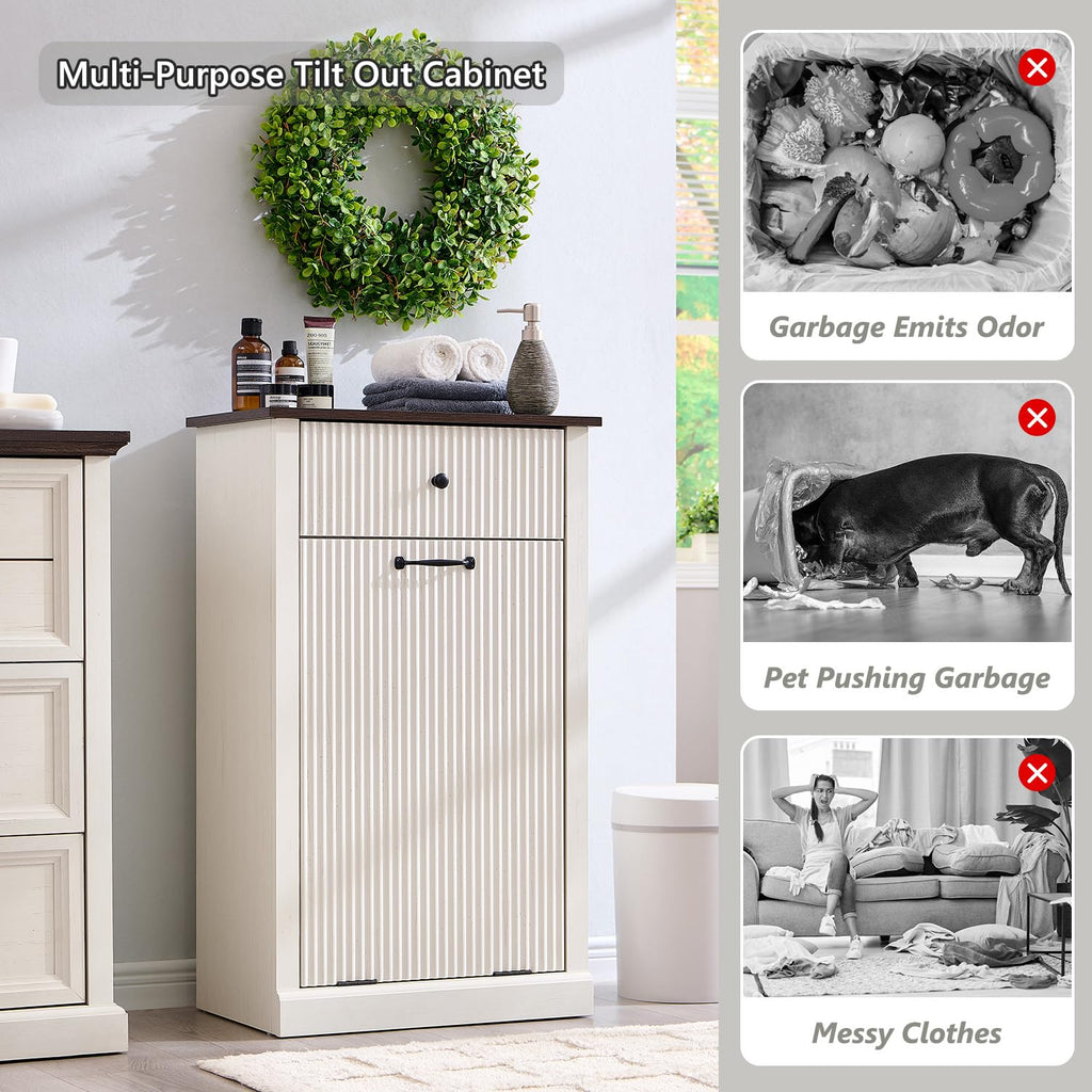 Antique White Tilt-Out Trash Can Cabinet E86698