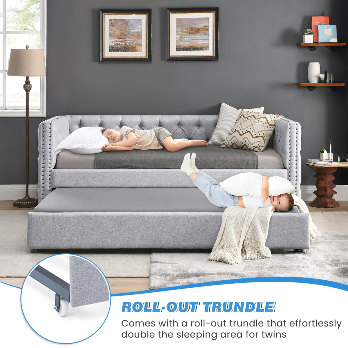 Linen Upholstered Twin Size Daybed with Trundle F850661