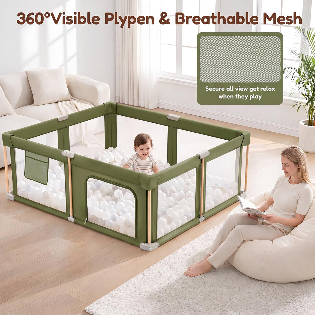 Foldable Baby Playpen with Mat, Breathable Mesh Green 71"×59" E7116