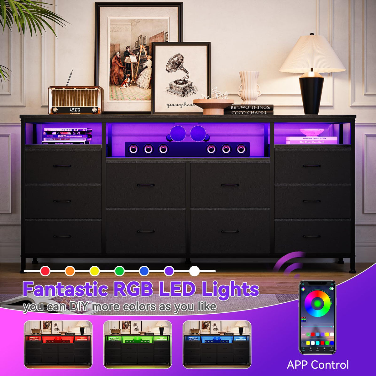 Black 10 Fabric Drawer Dresser with LED Lights & Power Outlets R9001