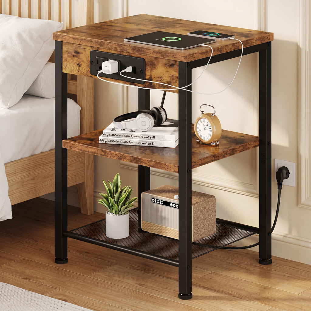 Nightstand with Charging Station, 3-Tier Bedside Table H683