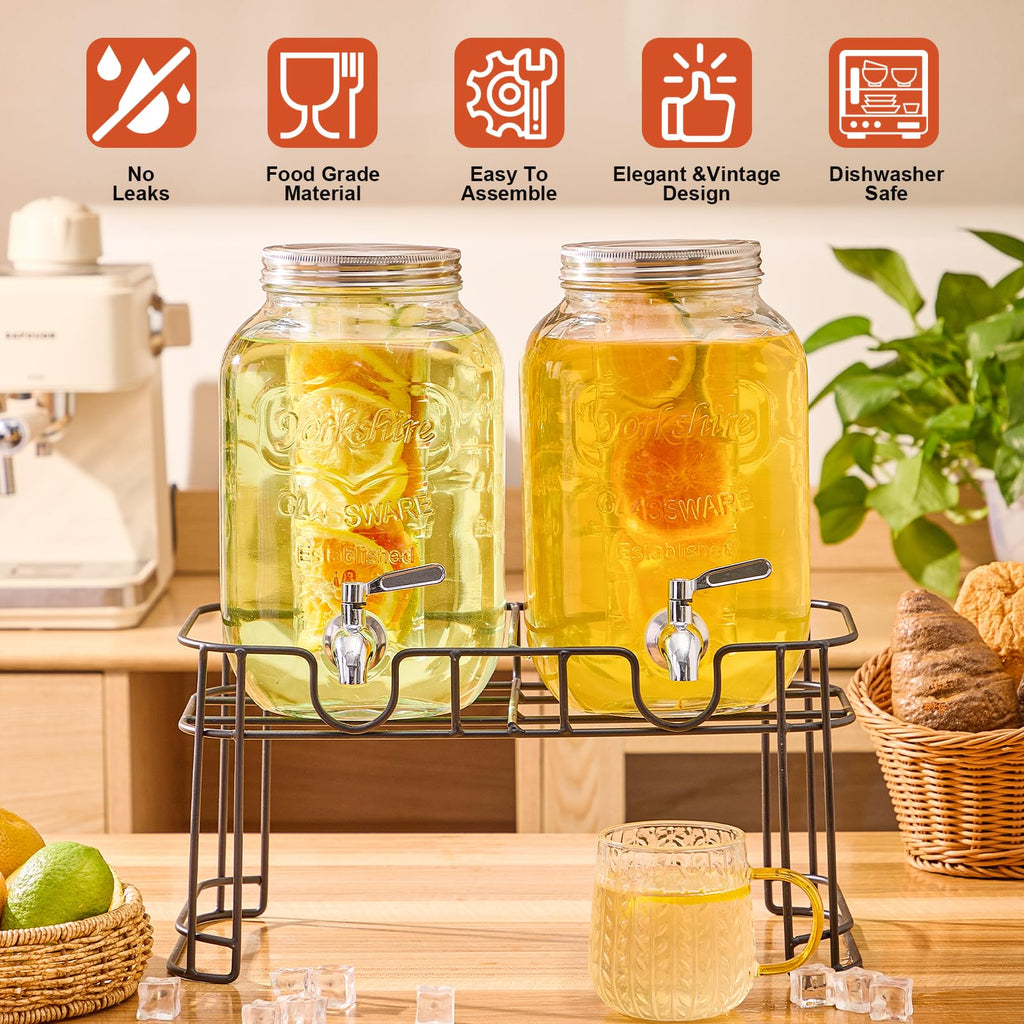 1 Gallon Glass Drink Dispenser with Stand, 2 Pack T215716