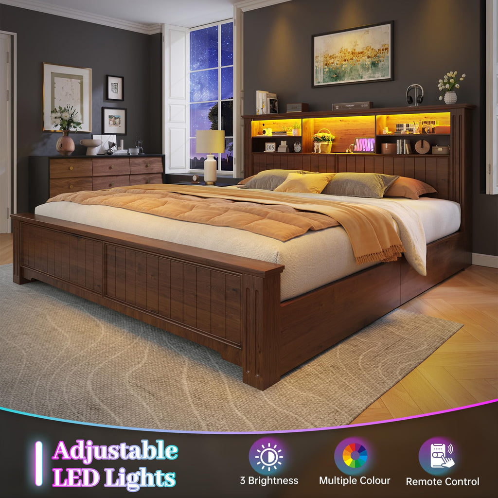 King Bed Frame with 4 Storage Drawers and Headboard Shelf, Brown C94323