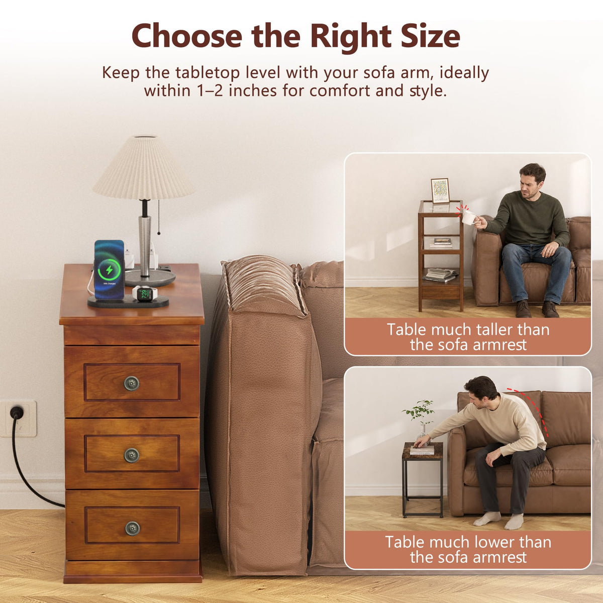 Solid Wood Narrow End Table with Charging Station Set of 2 Q719