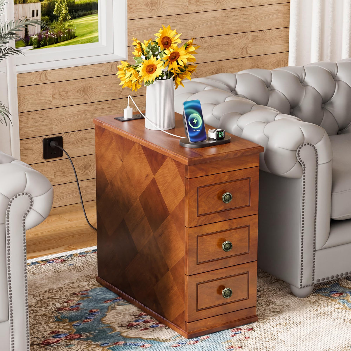 Solid Wood Narrow End Table with Charging Station Set of 2 Q719