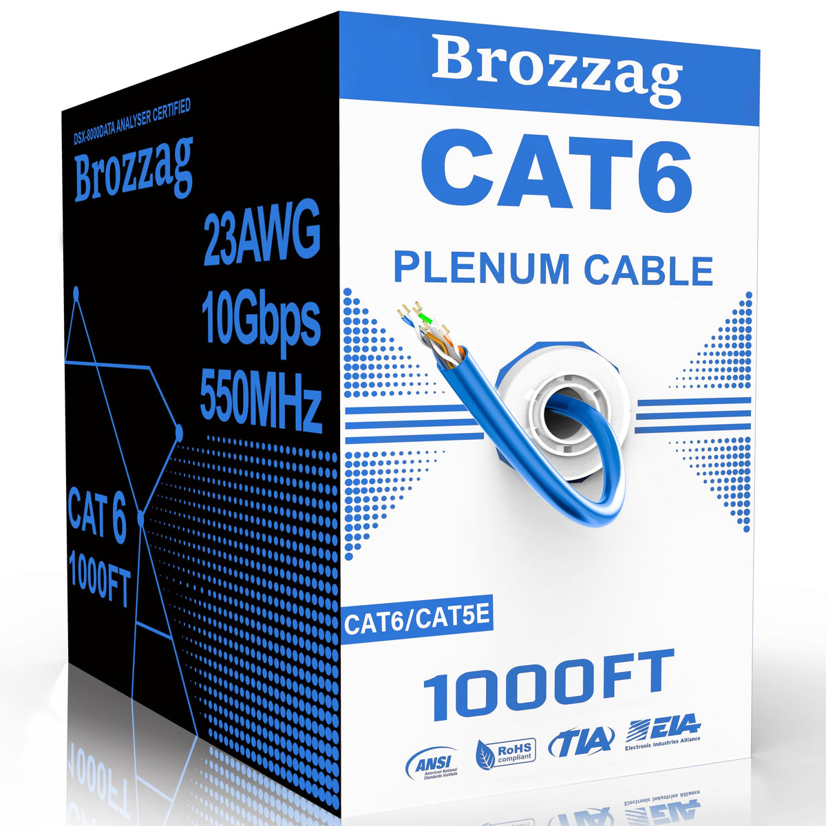 Cat 6 Plenum Cable 1000ft 23AWG Solid CCA 550MHz 10Gbps UTP Ethernet Blue T262236