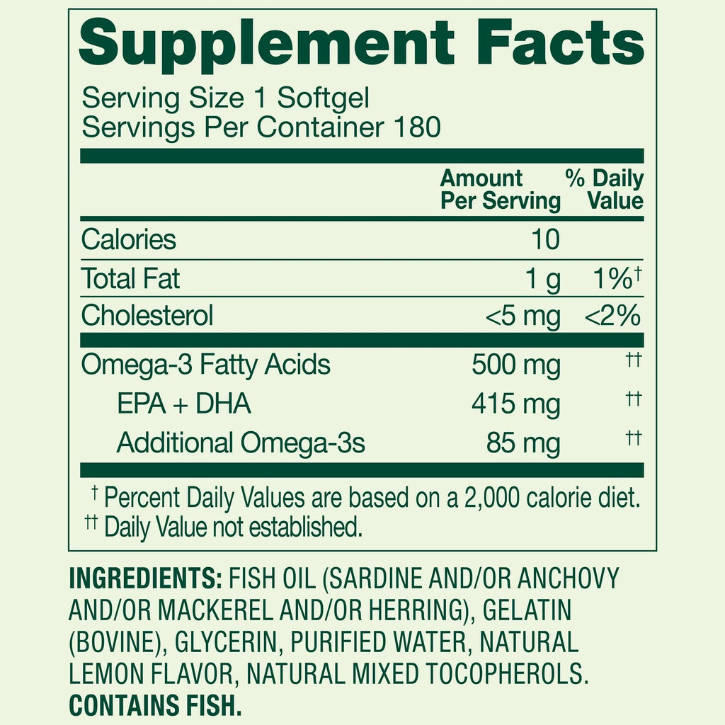 Omega-3 500 mg Fish Oil Softgels 180 Count Lemon Flavor P891