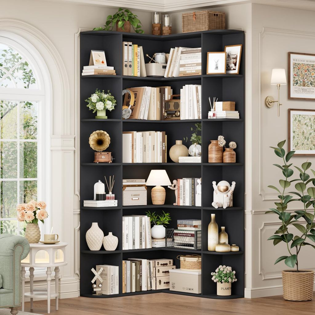 72" Tall 6-Tier Black Corner Bookshelf N492