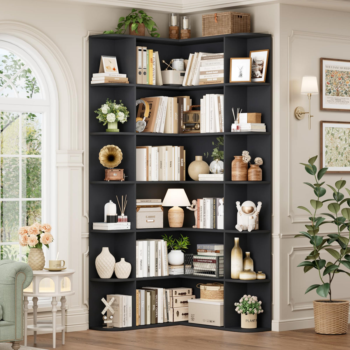 72" Tall 6-Tier Black Corner Bookshelf N492