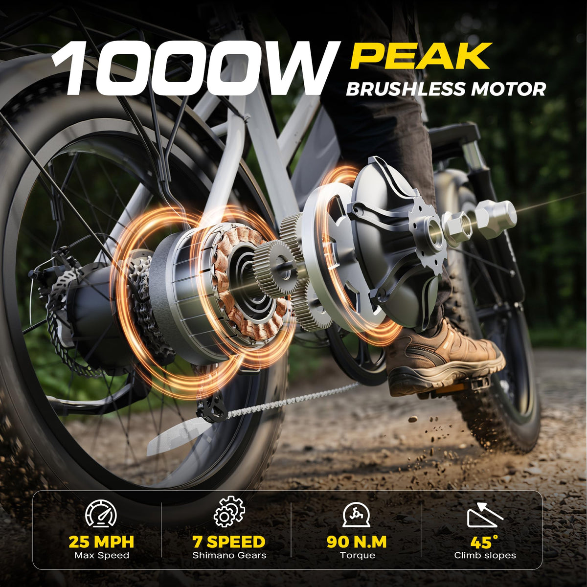 1000W Peak Motor 60+ Miles Fat Tire Electric Bike with 48V 13Ah Removable Battery V7793