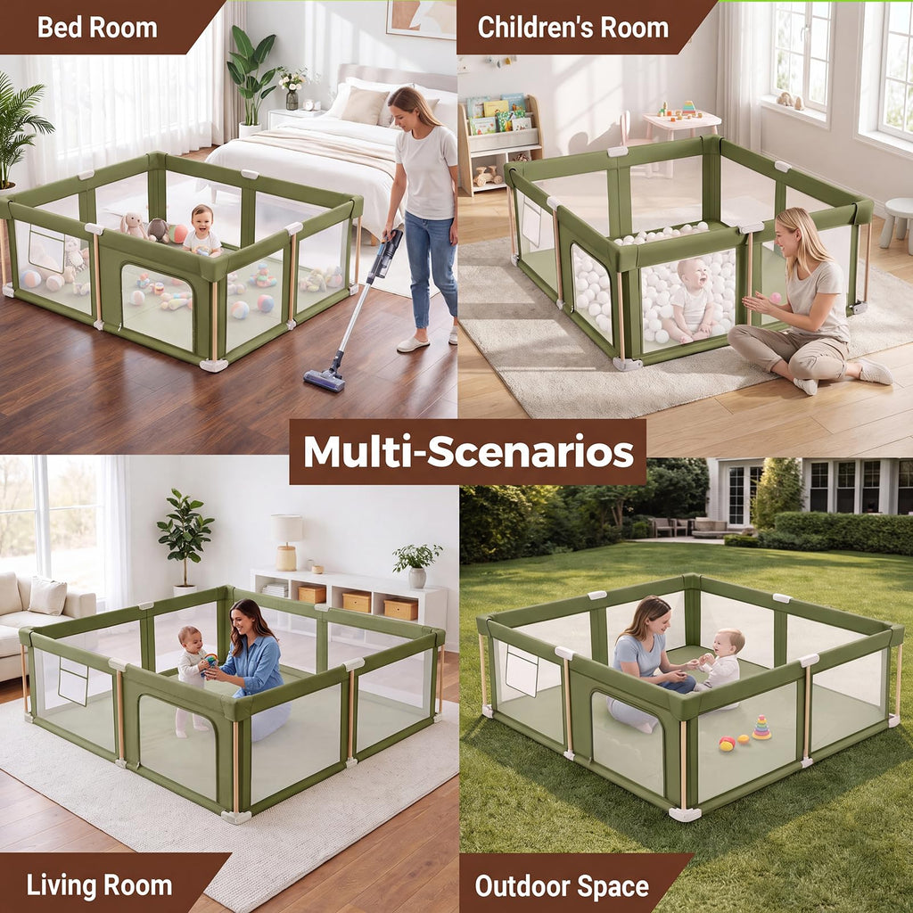 Foldable Baby Playpen with Mat, Breathable Mesh Green 71"×59" E7116