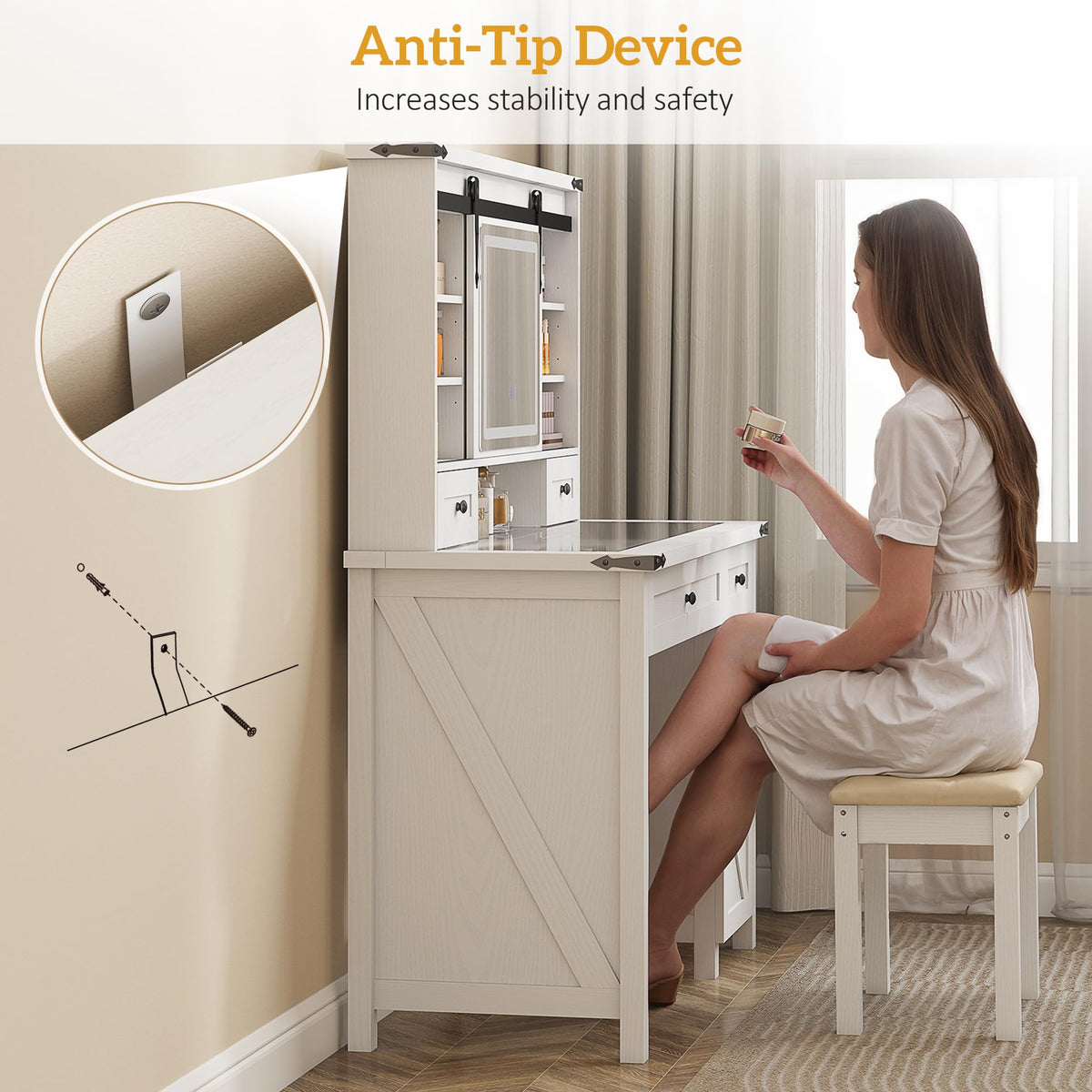 White Vanity Desk with Mirror, LED Lights, Stool A81379
