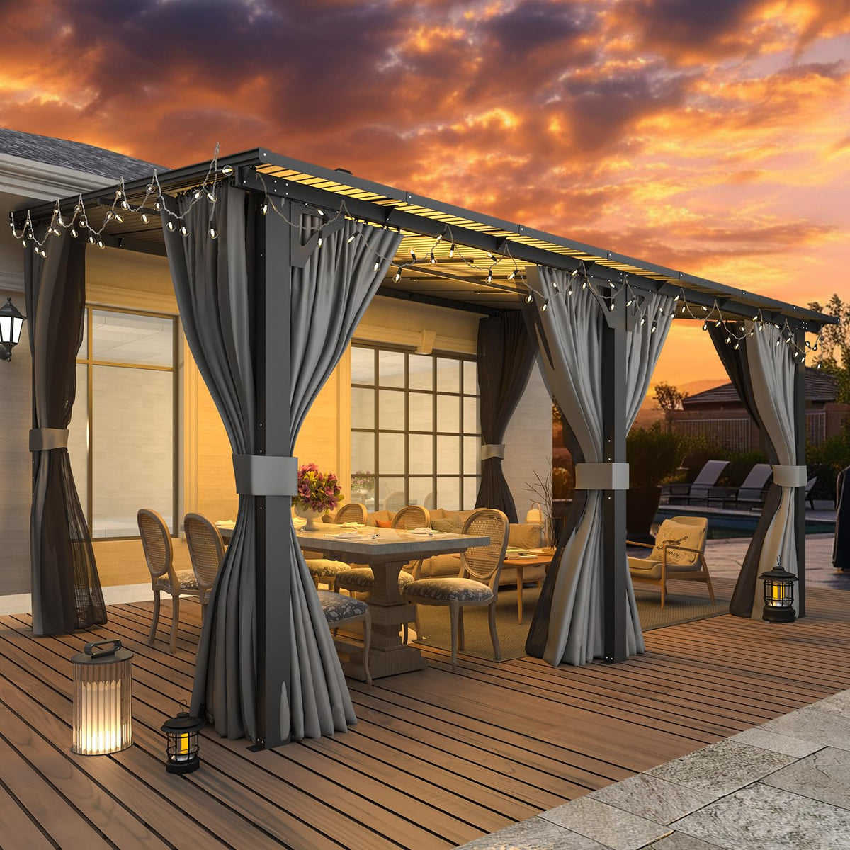 14' x 10' Hard Top Lean to Gazebo with Curtains and Mosquito Netting E58778