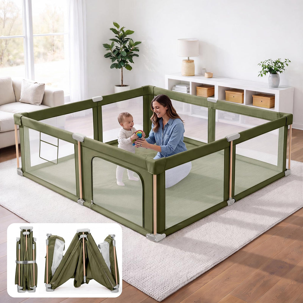 Foldable Baby Playpen with Mat, Breathable Mesh Green 71"×59" E7116