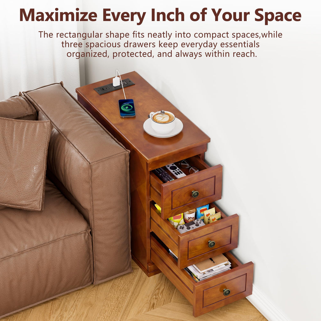 Solid Wood Narrow End Table with Charging Station Set of 2 Q719