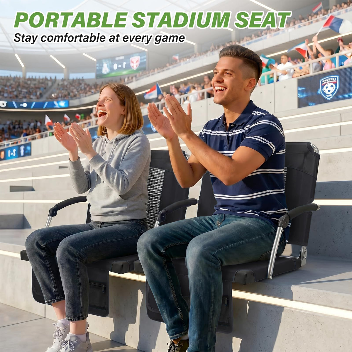 2 Pack Black Stadium Seats with Back Support & Armrests C8041