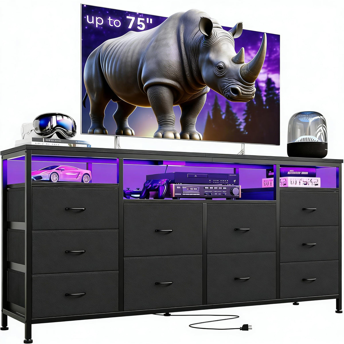 Black 10 Fabric Drawer Dresser with LED Lights & Power Outlets R9001